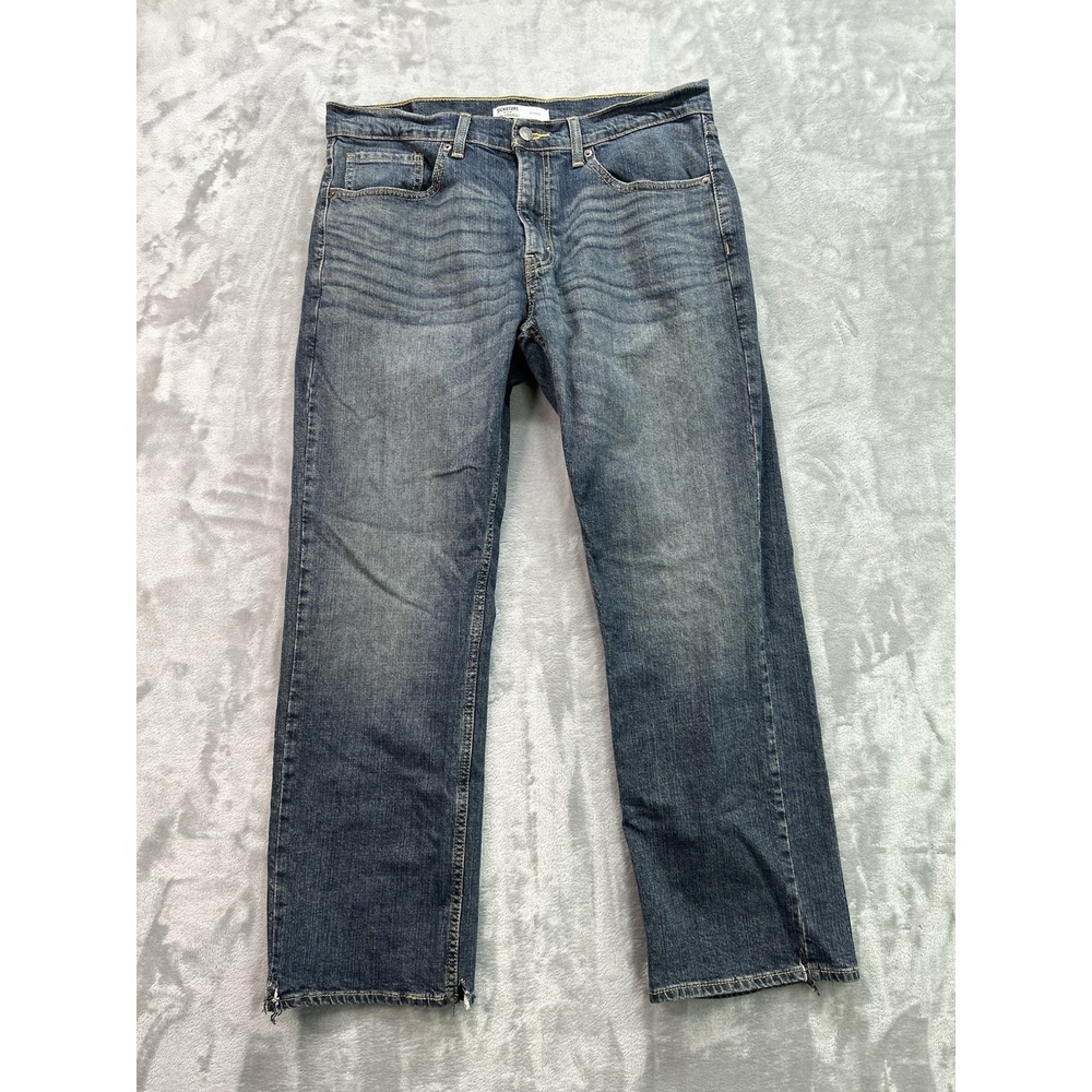 Levis Signature Jeans Mens Sz 34x30 Blue Relaxed Straight Stretch Whisker Grunge